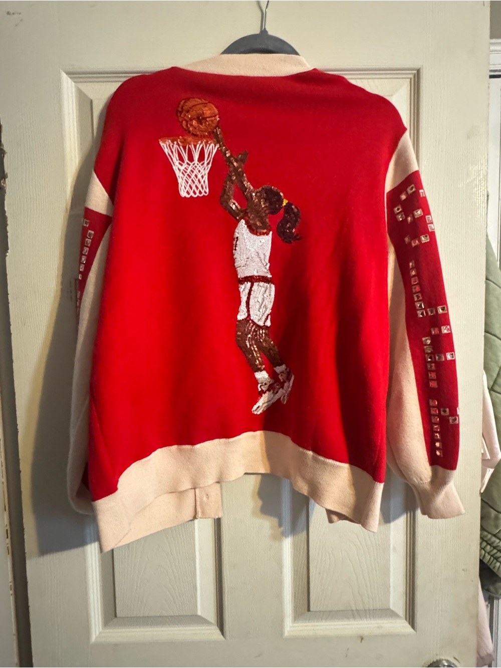 QUEEN OF SPARKLES Red and Cream Basketball Sequin Cardigan
